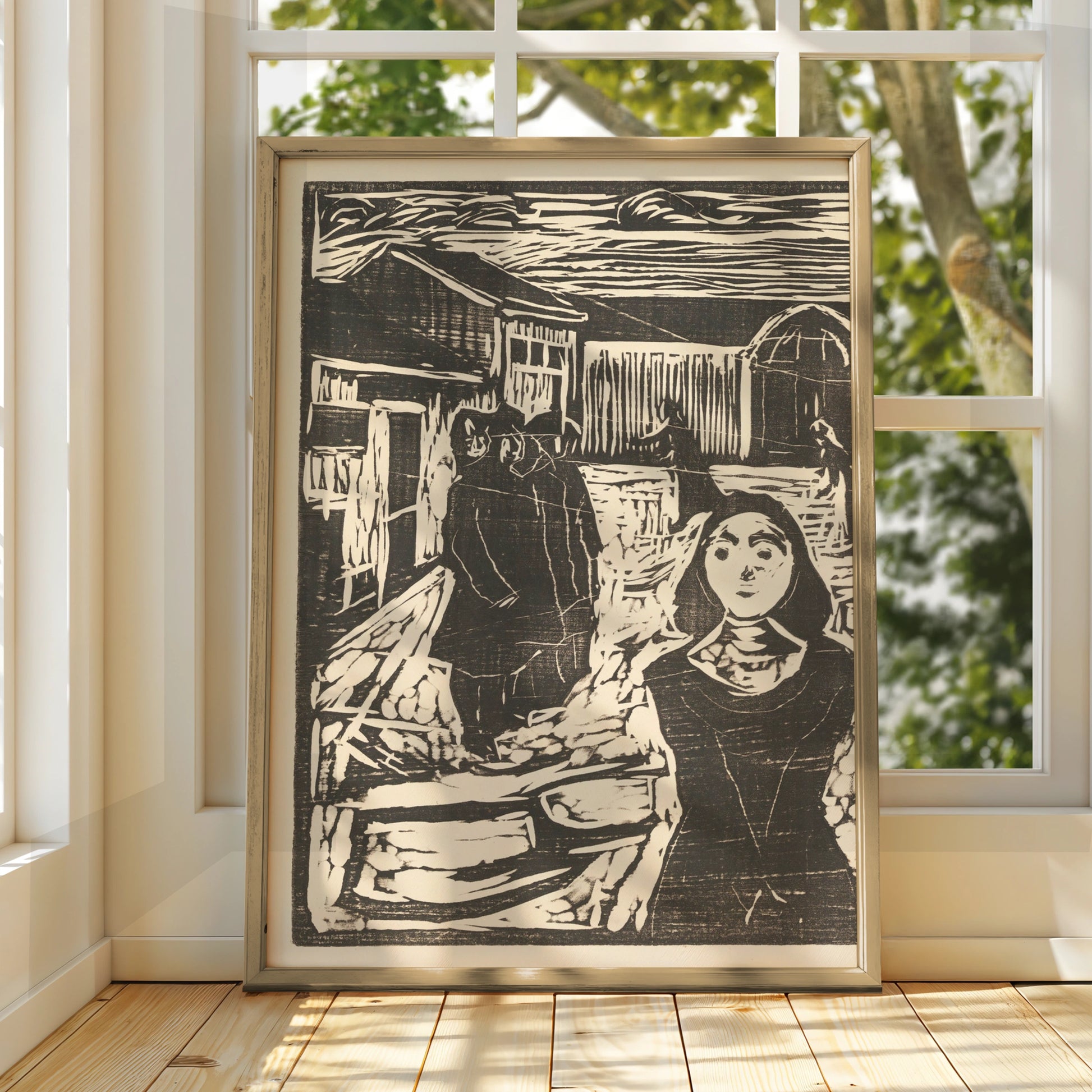 Halloween Woodcut Art Print, Dark Gothic Village Scene, Black White Spooky Wall Art Poster