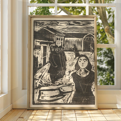 Halloween Woodcut Art Print, Dark Gothic Village Scene, Black White Spooky Wall Art Poster