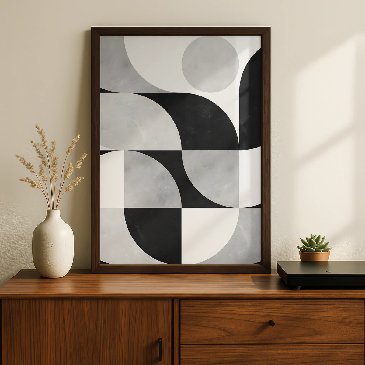 Geometric Monochrome Abstract Poster, Black and White Modern Wall Art Print