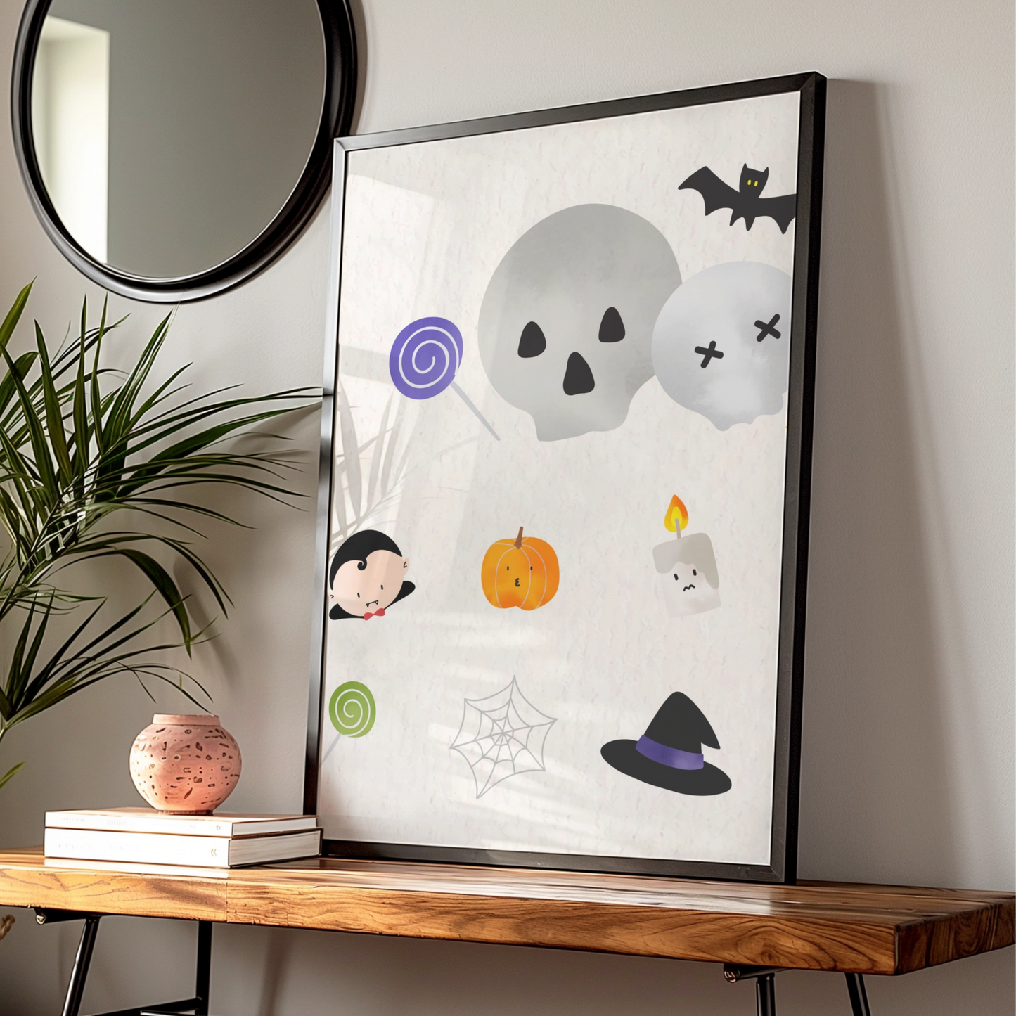 Cute Halloween Wall Art, Spooky Icons Poster, Skull Bat Pumpkin Witch Hat Print