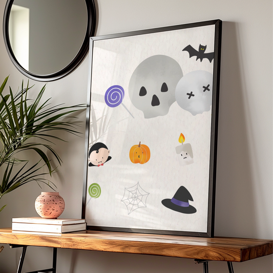 Cute Halloween Wall Art, Spooky Icons Poster, Skull Bat Pumpkin Witch Hat Print