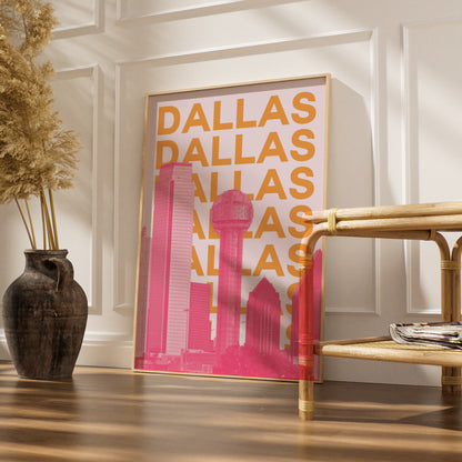 Dallas Travel Poster, Texas Skyline Wall Art, Retro City Print, Pink Orange Modern Decor