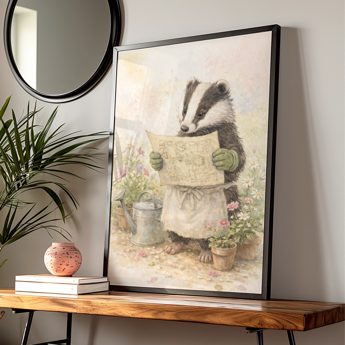 Badger Gardener Watercolour Poster, Cute Animal Wall Art, Quirky Garden Print — Digital Download