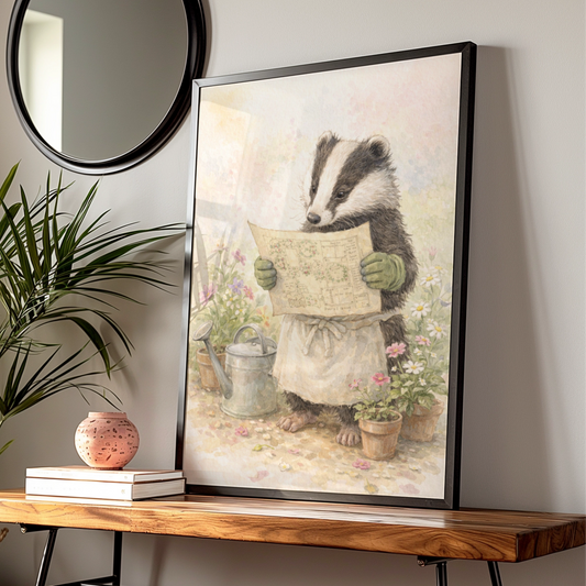 Badger Gardener Watercolour Poster, Cute Animal Wall Art, Quirky Garden Print — Digital Download
