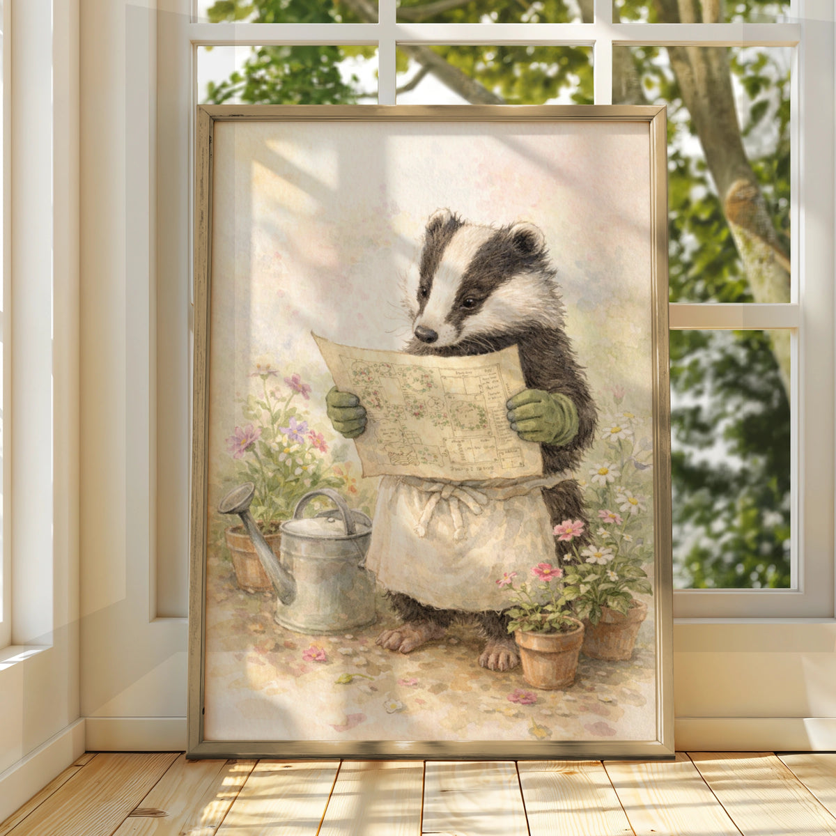 Badger Gardener Watercolour Poster
