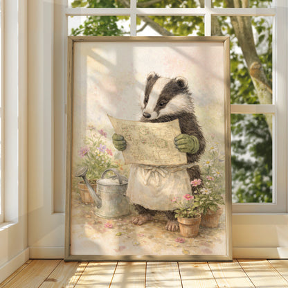 Badger Gardener Watercolour Poster