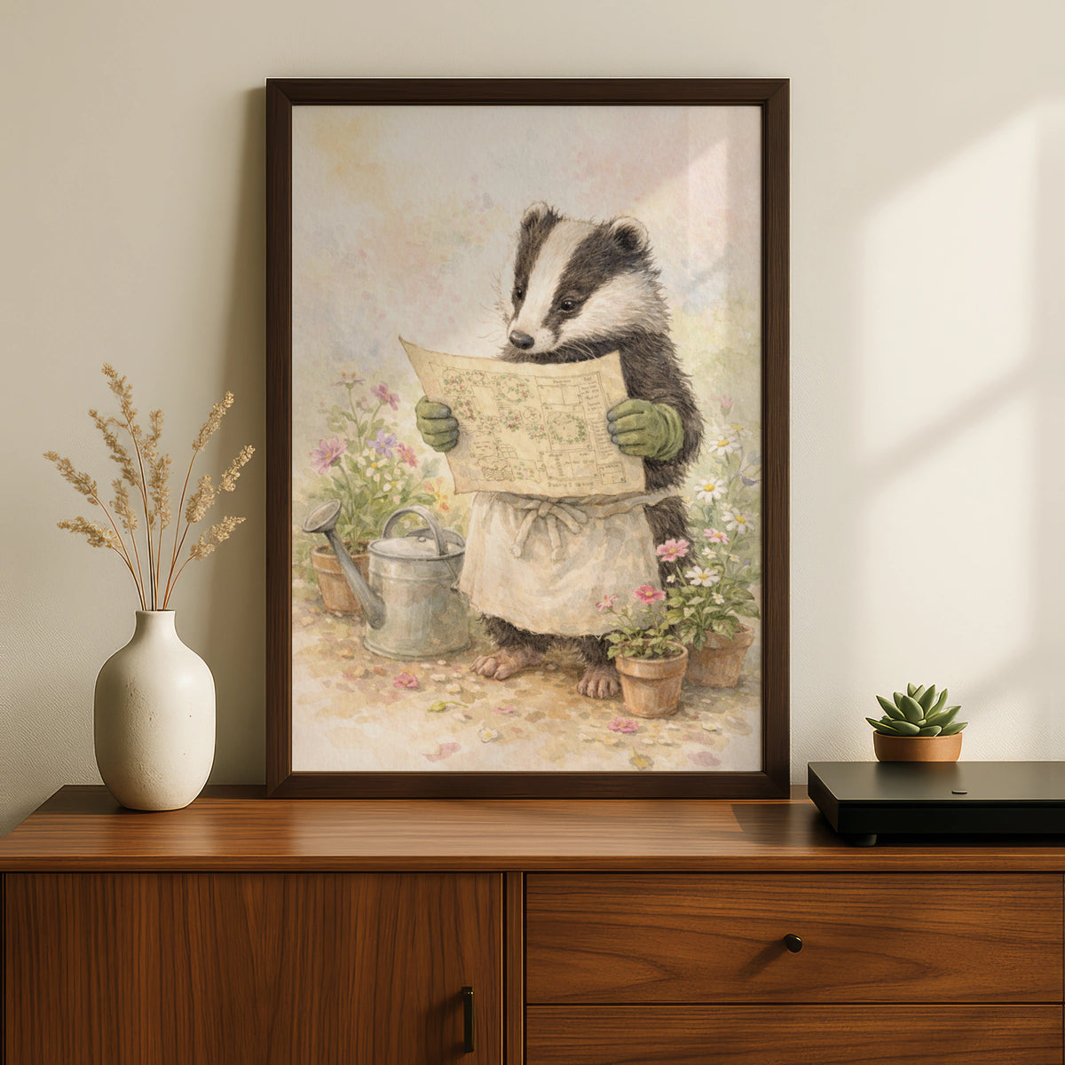 Badger Gardener Watercolour Poster