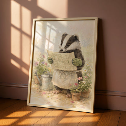 Badger Gardener Watercolour Poster